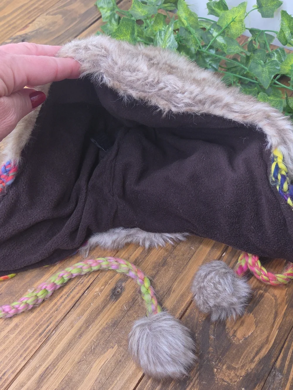 Steve Madden. Beige Faux Fur Earflap Hat with Multicolor Knit Ears. OSFA. EUC
